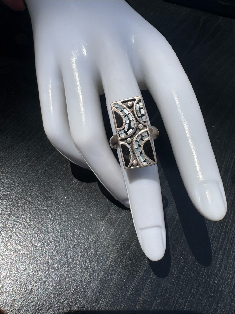 Vintage TMA 925 Sterling Silver Thailand Geometric Pearl Inlay Ring - Size 5.75